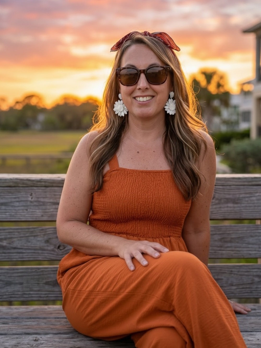 Smocked Square-Neck Jumpsuit in Burnt Orange